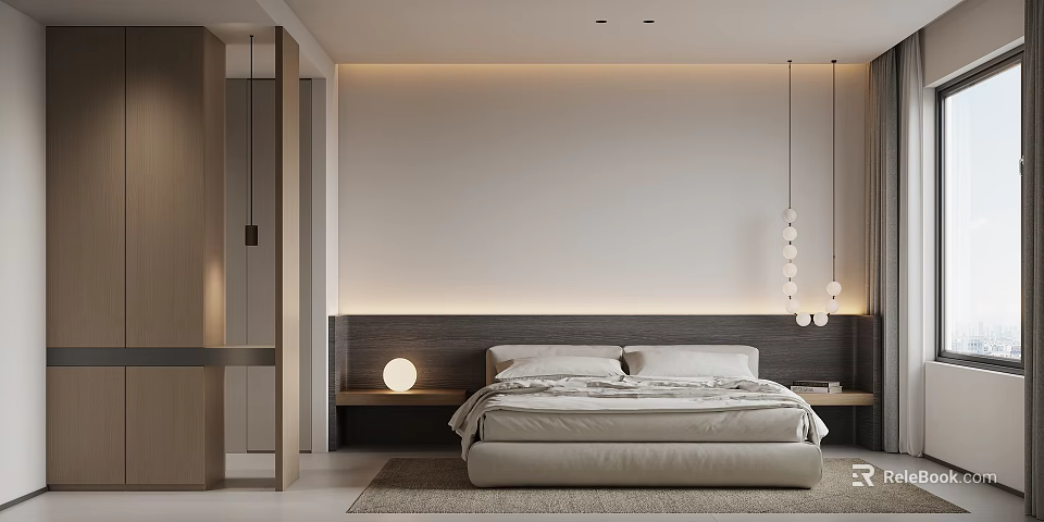 Modern Minimalist Bedroom With Bedhead Wall LED Strip Lighting Wooden Accents And Pendant Lights 3d model 