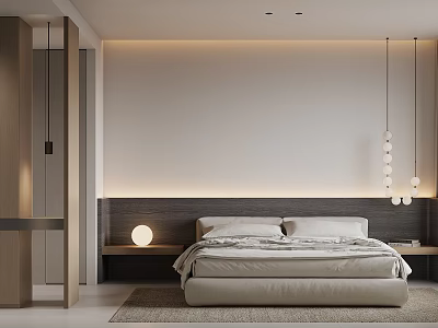 Modern Minimalist Bedroom With Bedhead Wall LED Strip Lighting Wooden Accents And Pendant Lights 3d model