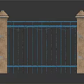 Blue Wrought Iron Gate With Stone Pillars On Both Sides