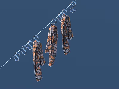 Colorful Patterned Ties Hanging On Plastic Clothes Hangers Over Blue Background Clothesline 3d model