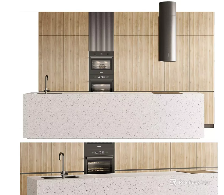 Modern Kitchen Interior With Wooden Cabinets Island Countertop And Built In Oven Appliances 3d model 