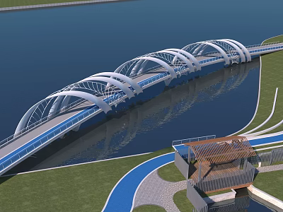 Modern Arched Landscape Bridge Over Water With Green Grass And Blue Trail 3d model