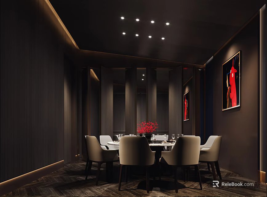 Elegant Modern Private Dining Room Interior With Dining Table Chairs Recessed Lighting And Red Painting 3d model 