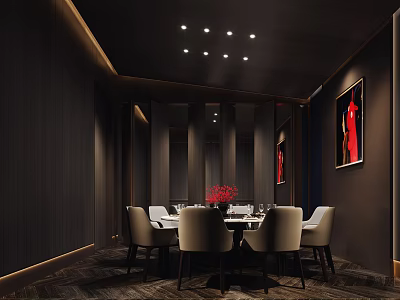 Elegant Modern Private Dining Room Interior With Dining Table Chairs Recessed Lighting And Red Painting 3d model