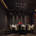 Elegant Modern Private Dining Room Interior With Dining Table Chairs Recessed Lighting And Red Painting