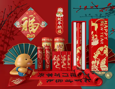 Snake Year New Year Decorative Ornament Set with Red Fu Character Couplets and Plum Blossoms 3d model