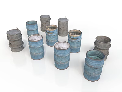 Vintage Metal Barrels in Blue and Gray with Stacked and Single Arrangement 3d model
