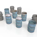 Vintage Metal Barrels in Blue and Gray with Stacked and Single Arrangement