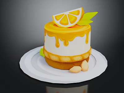 Delicious Lemon Cake With Dripping Frosting And Almonds On White Plate 3d model