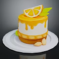 Delicious Lemon Cake With Dripping Frosting And Almonds On White Plate