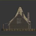 Rustic Traditional Thatched Roof Huts With Wooden Frames And Surrounding Platforms