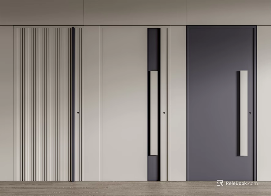 Modern Interior Swing Doors Featuring Vertical Panels And Metal Handles 3d model 
