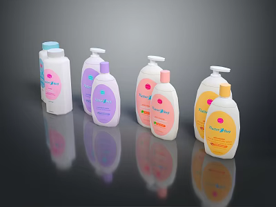 Baby Care Products In Colorful Bottles With Pump Dispensers And Labels 3d model
