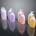 Baby Care Products In Colorful Bottles With Pump Dispensers And Labels