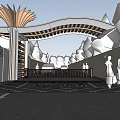 Modern Entrance Gate With Curved Wooden Roof And Driveway For Vehicles And Pedestrians
