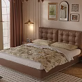 Elegant Bedroom Interior With Brown Leather Headboard Arched Window Chandelier And Decorative Paintings