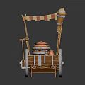 Traditional Wooden Vendor Cart Design With Decorative Canopy And Spoked Wheels