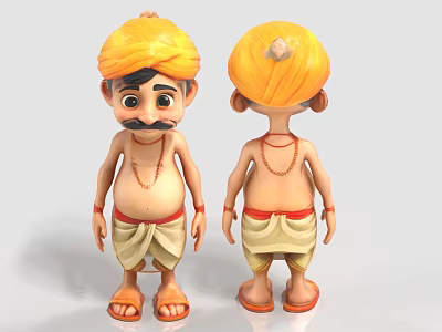 3D Game and Movie Character With Yellow Turban Small Mustache Traditional Attire Necklace And Sandals 3d model