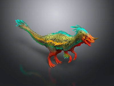 Colorful Feathered Dinosaur Model With Vibrant Green Blue Red Features In 3D Render 3d model
