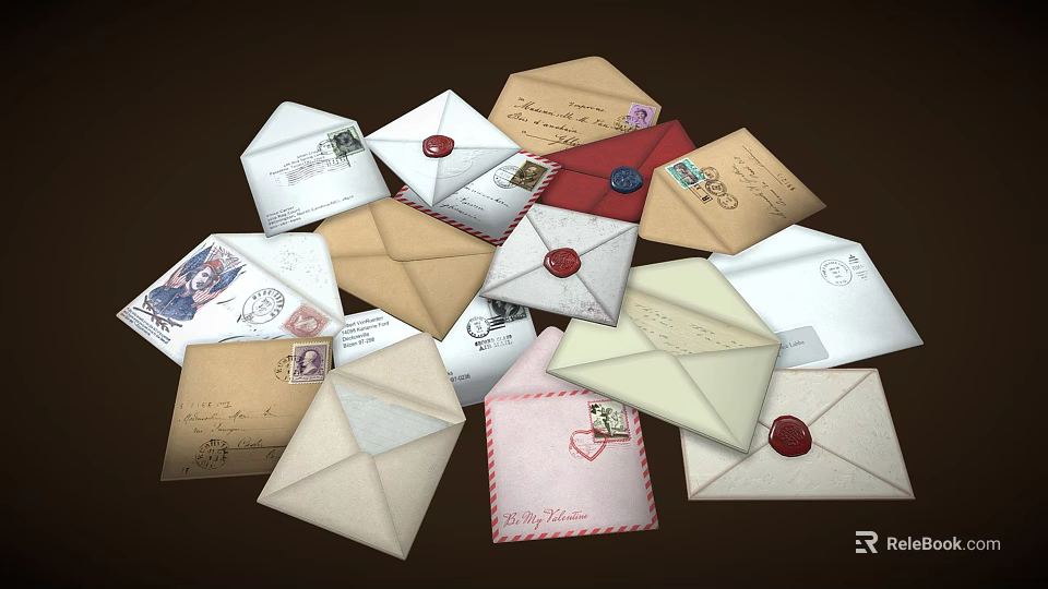 Vintage Envelope Decorative Ornament Set With Various Styles Colors Stamps And Red Wax Seals 3d model 