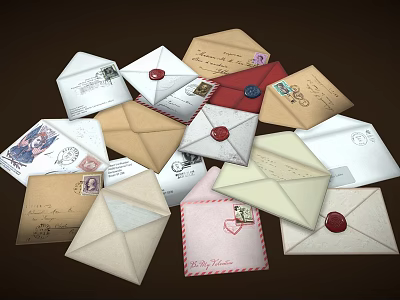 Vintage Envelope Decorative Ornament Set With Various Styles Colors Stamps And Red Wax Seals 3d model