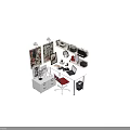 Stylish Glass Top Desk With Red Chair Posters Shelf Books Clock And Stationery