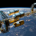 Space Station Structure With Circular Rings And Cylindrical Modules Orbiting Earth 3d model