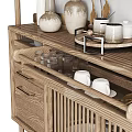 Natural Wooden Sideboard Cabinet With Open Shelves Dishes Vase And Wine Glasses Decor