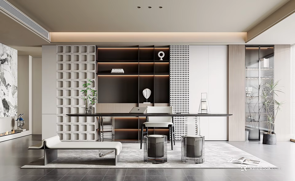 Modern Study Room Interior With Long Desk Chairs And Illuminated Shelves 3d model