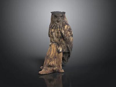 Realistic Owl Sculpture Perched On Detailed Tree Stump Home Decor Piece 3d model