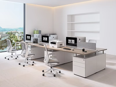 Modern Office Desk Setup With Computer Monitors Printer Ergonomic Chairs And Large Window View 3d model