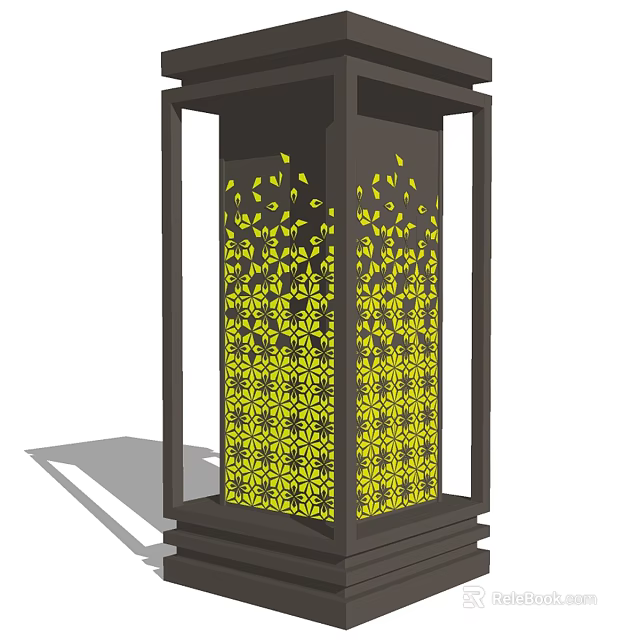 Decorative Outdoor Lantern With Black Frame And Yellow Floral Leaf Patterns 3d model 