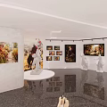 Art Gallery Interior With Colorful Paintings On Wall And Sculpture