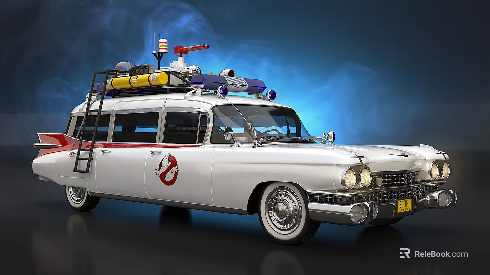White Classic Ghostbusters Ecto 1 Car With Roof Mounted Equipment And Ladder 3d model 