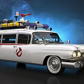 White Classic Ghostbusters Ecto 1 Car With Roof Mounted Equipment And Ladder