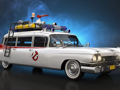 White Classic Ghostbusters Ecto 1 Car With Roof Mounted Equipment And Ladder 3d model