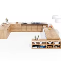 Modern Wooden Dining Table Set With Open Shelves Countertop Decorative Plants And Stools