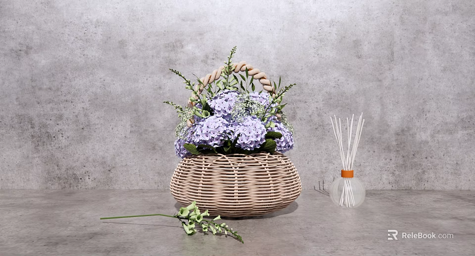 Wicker Basket Vase With Purple Hydrangea Flowers And Aromatic Diffuser On Gray Concrete Background 3d model 
