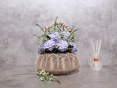 Wicker Basket Vase With Purple Hydrangea Flowers And Aromatic Diffuser On Gray Concrete Background 3d model