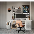 Modern Home Office Desk Setup With Orange Chair Computer Monitor Bookshelf And Star Wars Poster