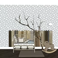 Cozy Baby Crib Room with Branch String Lights Cloud Wallpaper and Wooden Rocking Horse