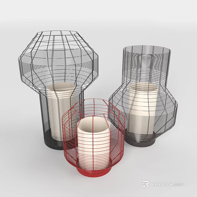 Stylish Modern Geometric Wireframe Lanterns Featuring Black And Red Metal Frames 3d model 