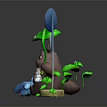 Brown Totoro Holding Small Blue Creature With Green Leaves And White Pole