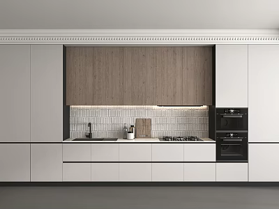 Modern Kitchen Interior With White Cabinets Wooden Elements Countertop And Black Appliances 3d model