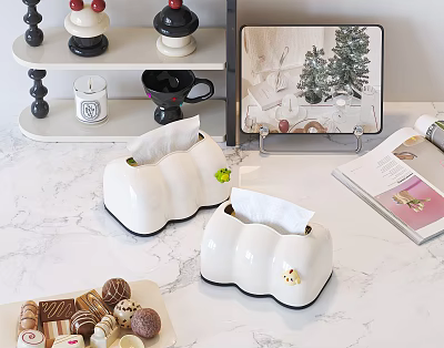 Elegant Desk With Marble Desktop White Tissue Boxes Dessert Tray And Decorative Painting 3d model