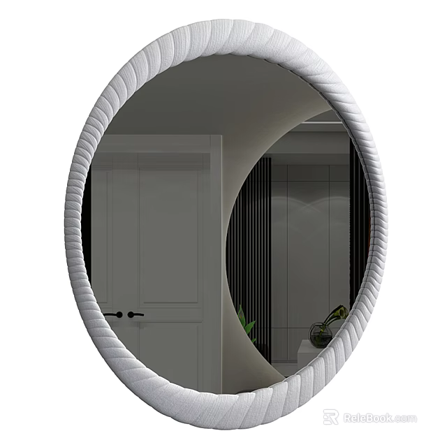 Round Mirror With White Woven Frame Reflecting Interior Room Decor 3d model 