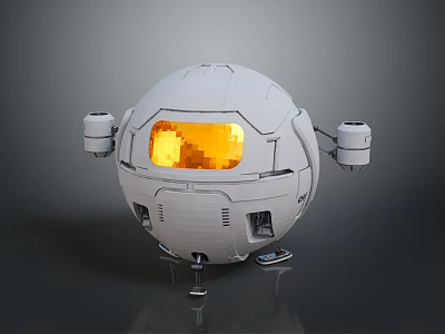 Futuristic White Spherical Equipment With Yellow Glowing Window Cylindrical Side Components And Base Stands 3d model