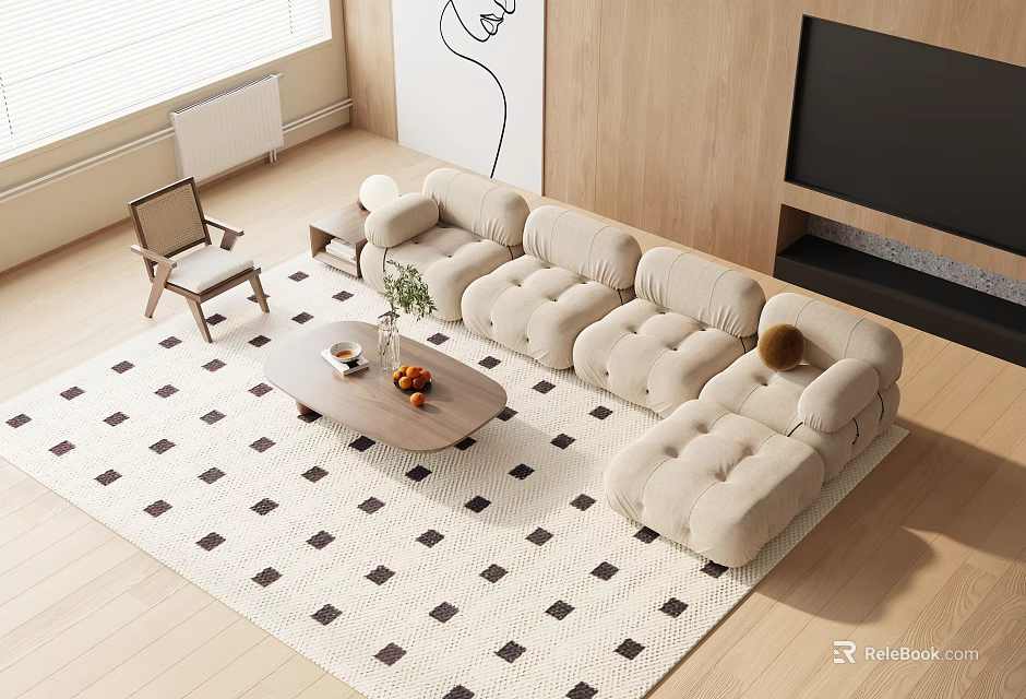 Modern Minimalist Living Room With Beige Sectional Sofa And Wooden Coffee Table On Geometric Rug 3d model 