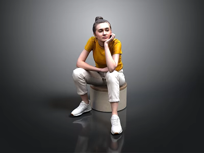 Woman In Yellow Top Sitting On Round Stool With White Pants And Reflective Floor 3d model