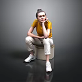 Woman In Yellow Top Sitting On Round Stool With White Pants And Reflective Floor